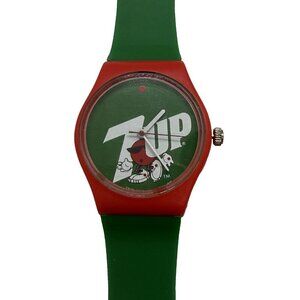 Vtg 7Up Mechanical Watch Promotional Logo Retro Design Rubber Wristband Green